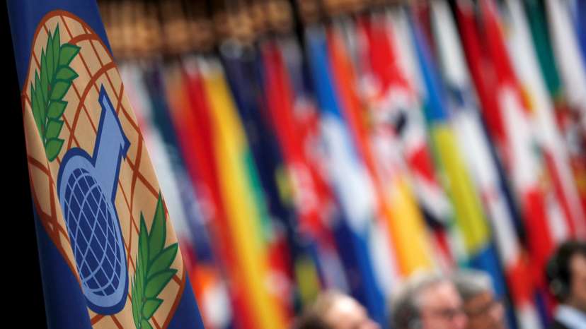 The logo of the Organisation for the Prohibition of Chemical Weapons is seen during a special session in the Hague