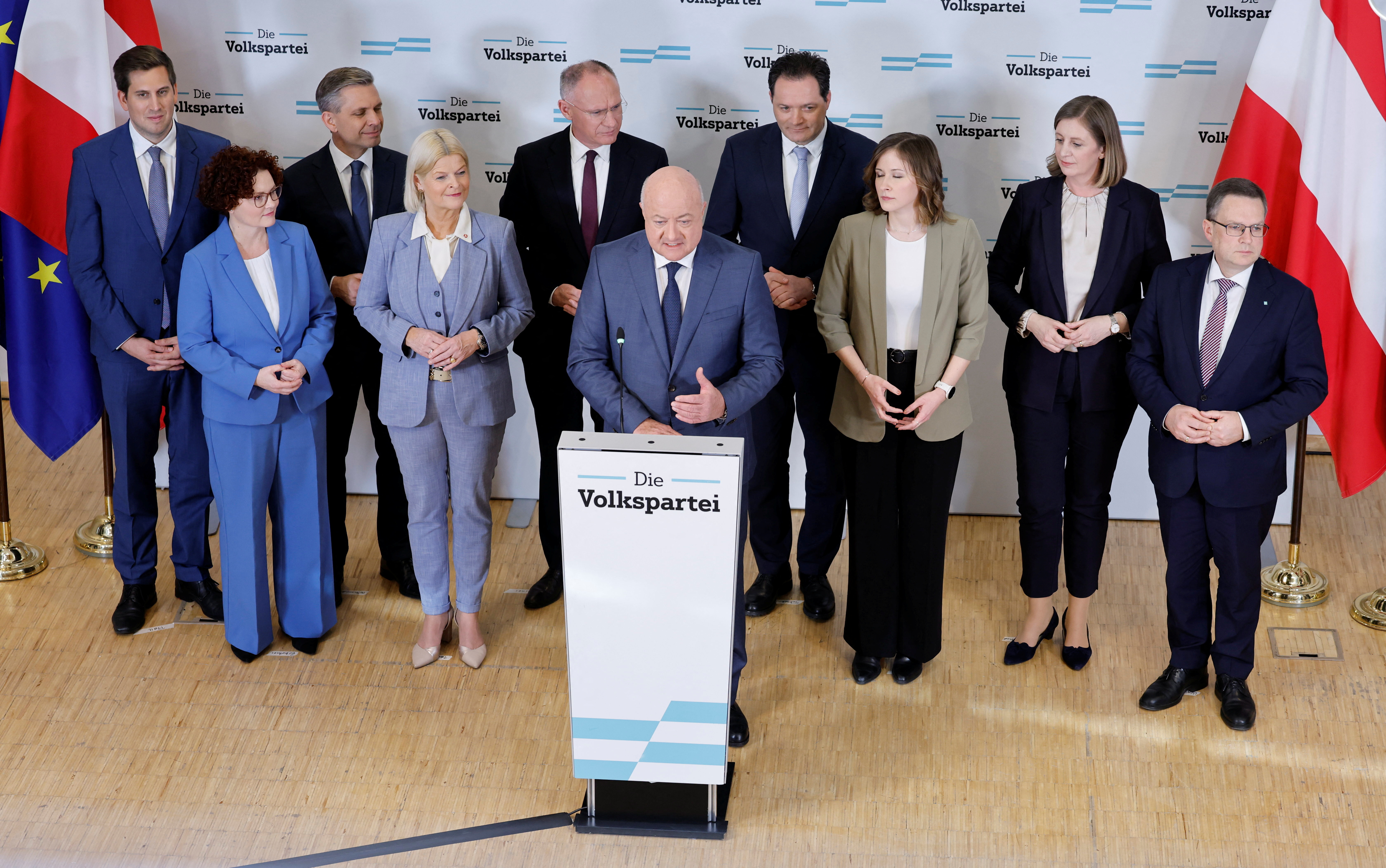 Designated Chancellor and head of Peoples Party Christian Stocker and designated Ministers attend a press conference in Vienna