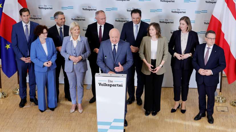 Designated Chancellor and head of Peoples Party Christian Stocker and designated Ministers attend a press conference in Vienna