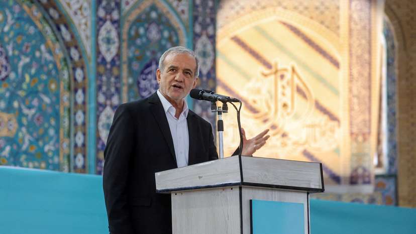 Iranian President Masoud Pezeshkian speaks during a meeting in Ilam