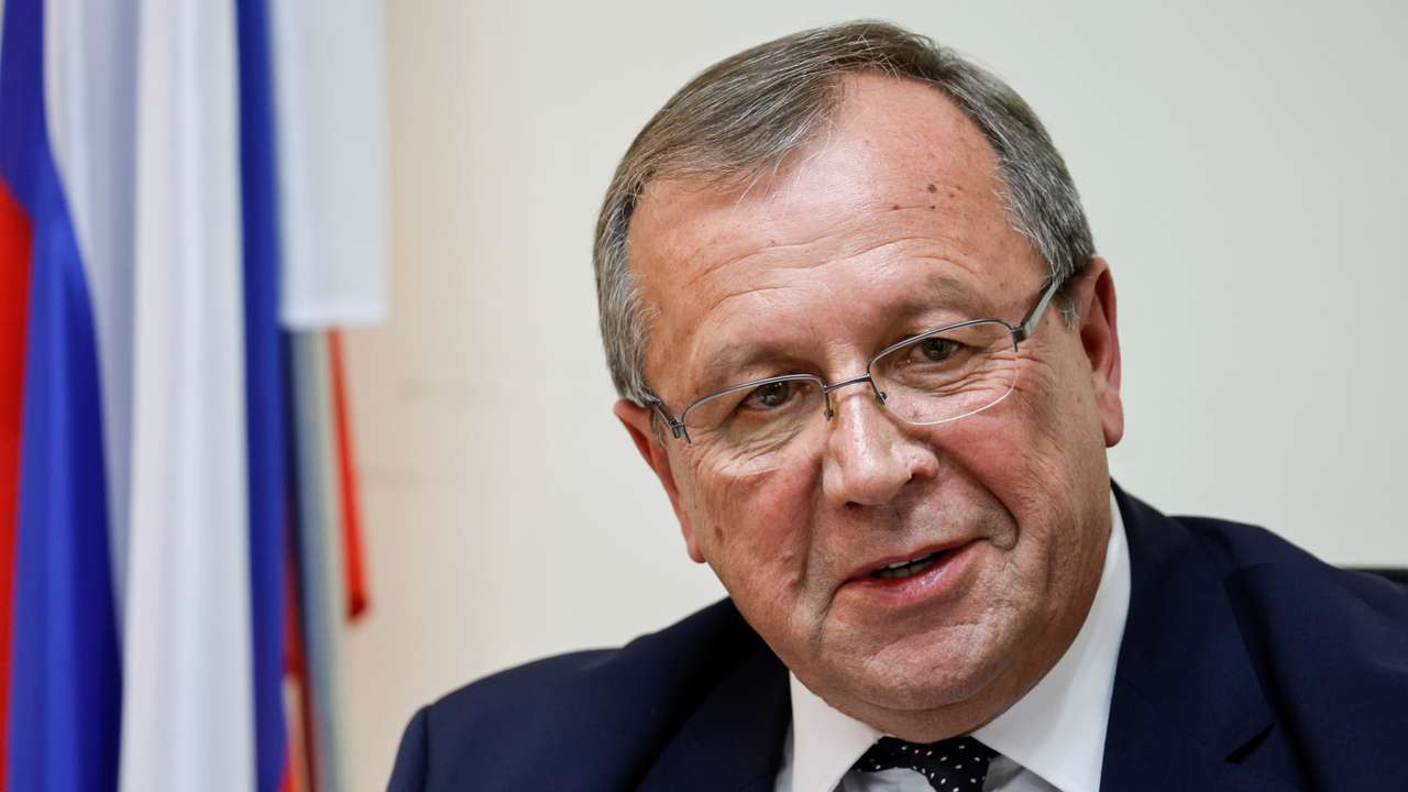 The ambassador of Russia to Israel Anatoly Viktorov speaks at a news conference in Tel Aviv, Israel