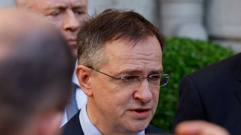 Vladimir Medinsky, head of the Russian delegation in Istanbul for potential peace talks with Ukraine, speaks to the media, in Istanbul