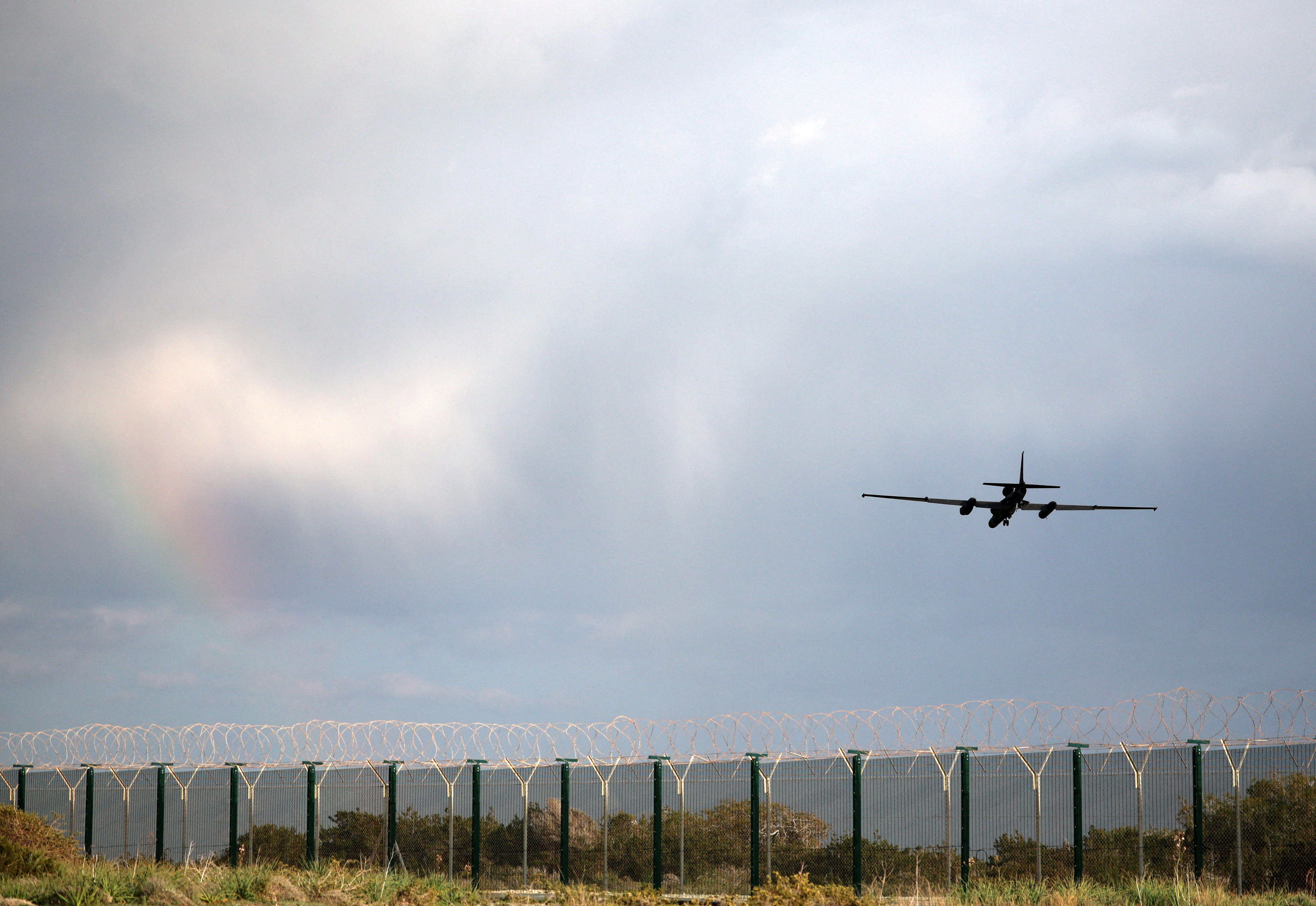 A U-2 aircraft flies after take off from RAF Akrotiri, a British sovereign base that was hit by a drone early on Monday, causing limited damage, in Cyprus