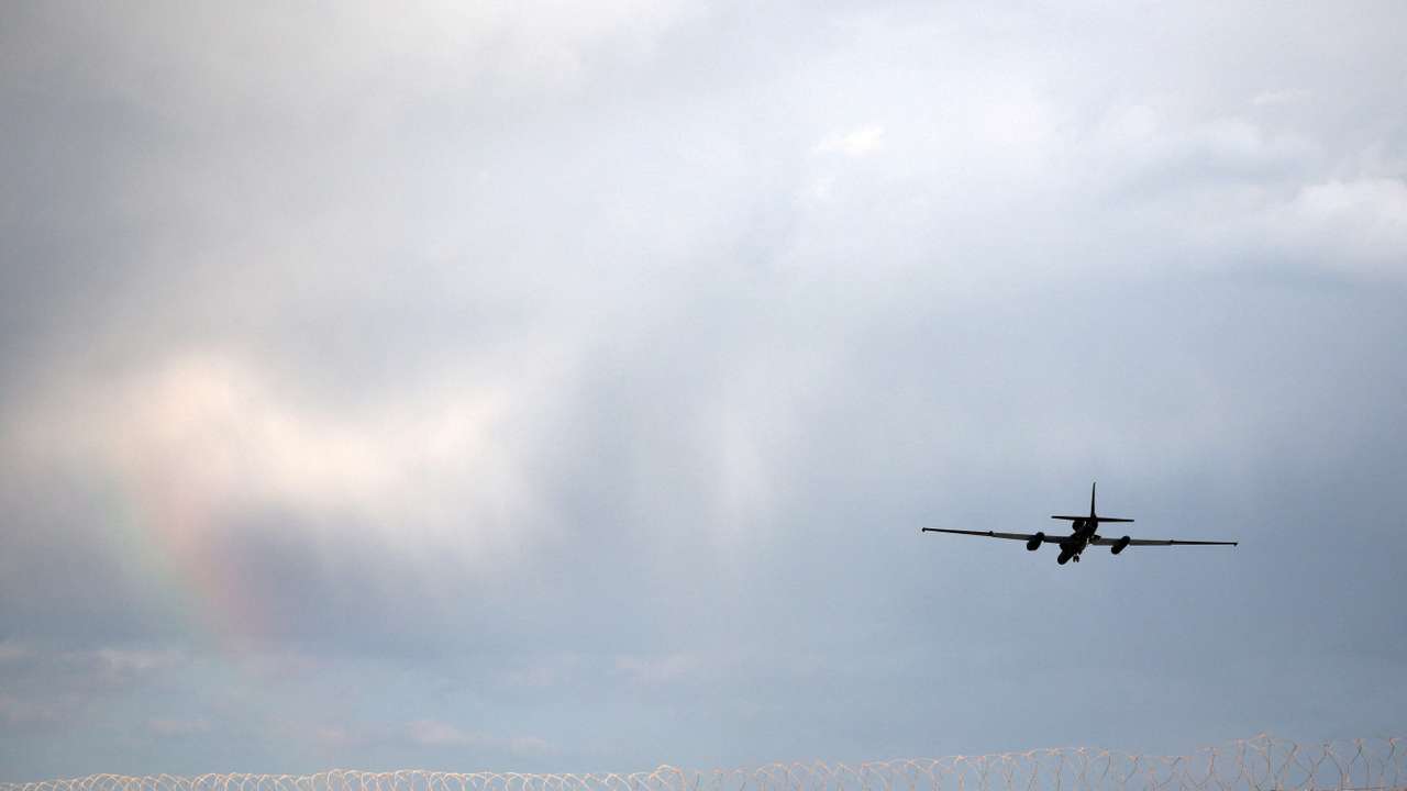 A U-2 aircraft flies after take off from RAF Akrotiri, a British sovereign base that was hit by a drone early on Monday, causing limited damage, in Cyprus