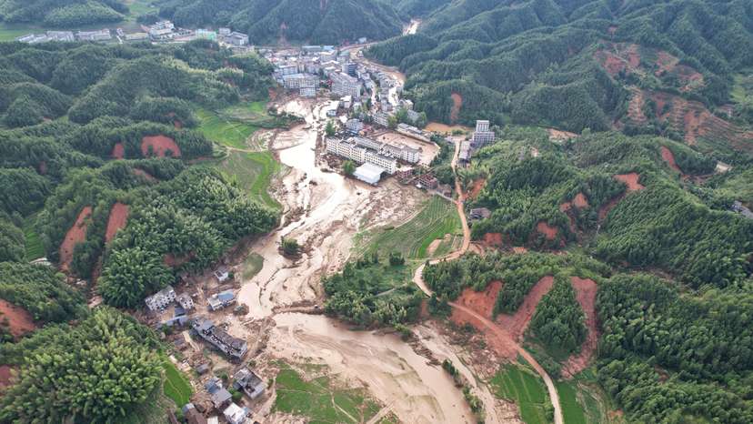 Drone view shows the aftermath after heavy rainfall in Zixing