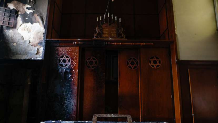 A view of the inside of the synagogue after police shot dead an armed man who set fire to the city's synagogue in Rouen