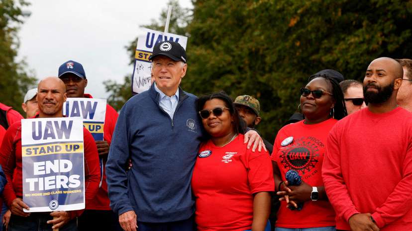 FILE PHOTO: U.S. President Joe Biden joins United Auto Workers picket line in Belleville, Michigan