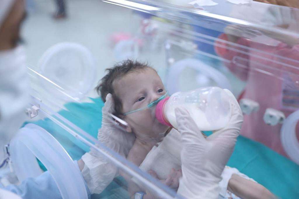 Medics treat premature Palestinian babies evacuated from Gaza at the New Administrative Capital (NAC) in the east of Cairo