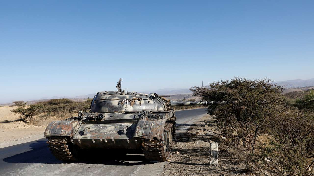 FILE PHOTO: A damaged Eritrean military tank is seen near the town of Wikro