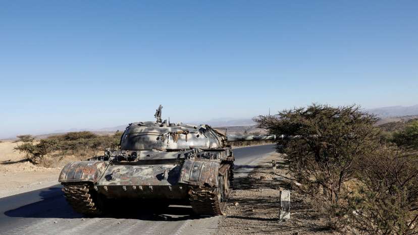 FILE PHOTO: A damaged Eritrean military tank is seen near the town of Wikro