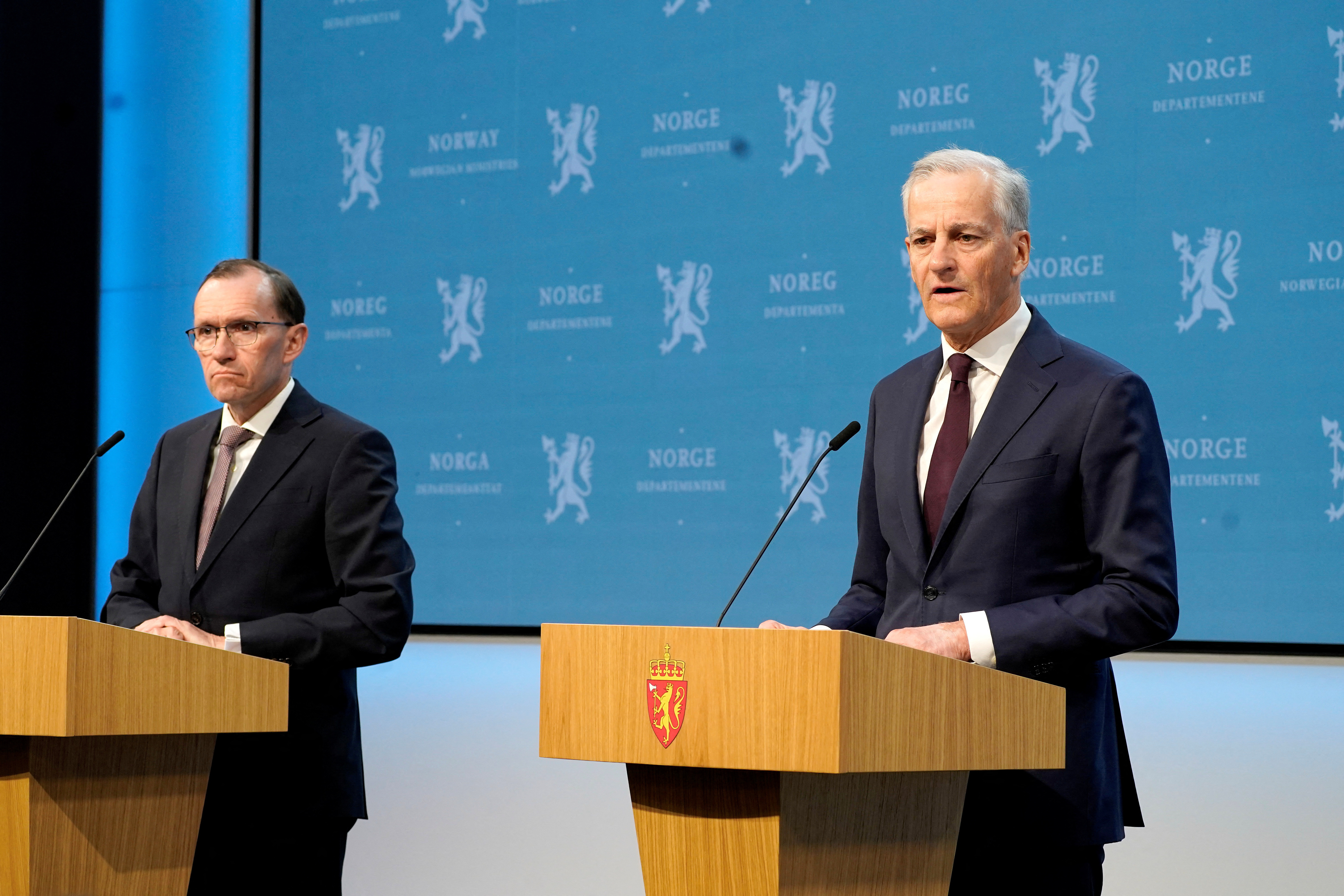 Norway's Prime Minister Jonas Gahr Store attends a press conference in Oslo