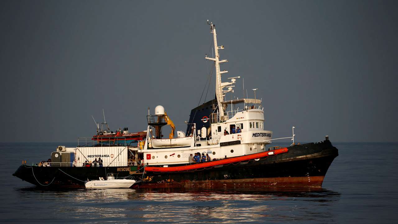 FILE PHOTO: The Mare Jonio, operated by Italian charity Mediterranea Saving Humans, with 34 rescued migrants on board, is seen in international waters of the Italian island of Lampedusa in the central Mediterranean Sea