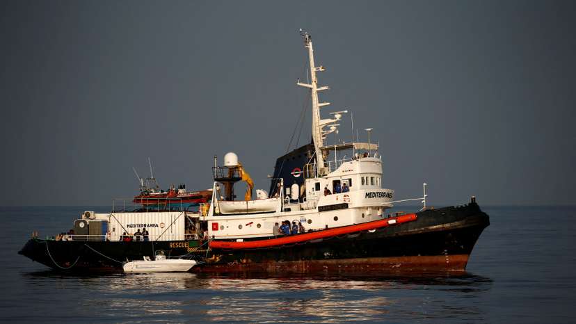 FILE PHOTO: The Mare Jonio, operated by Italian charity Mediterranea Saving Humans, with 34 rescued migrants on board, is seen in international waters of the Italian island of Lampedusa in the central Mediterranean Sea
