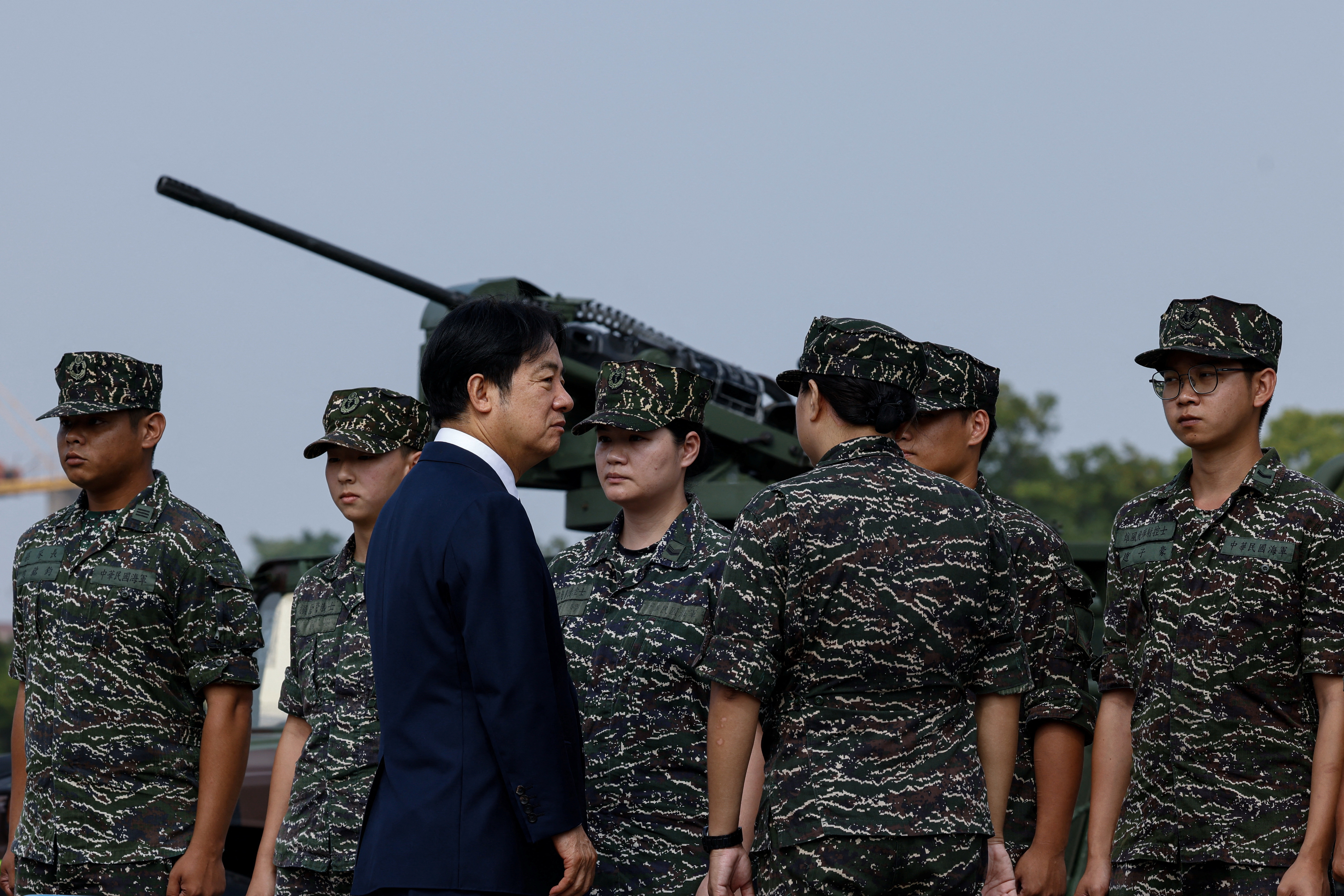Taiwanese President Lai Ching-te visits a military base in response to recent Chinese military drills, in Taoyuan