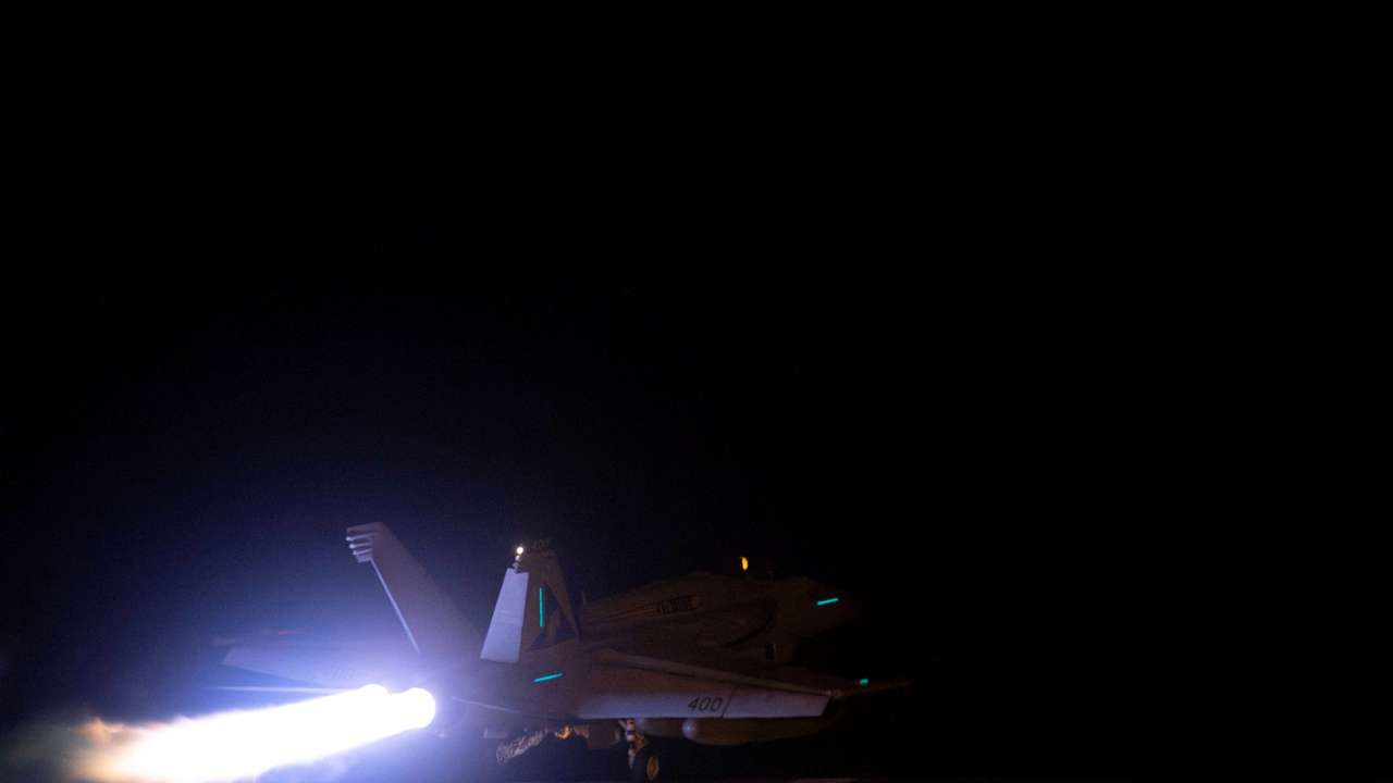 An aircraft takes off to join the U.S.-led coalition to conduct air strikes against military targets in Yemen