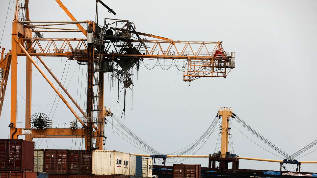 Bridge crane damaged by Israeli air strikes is pictured in the Red Sea port of Hodeidah