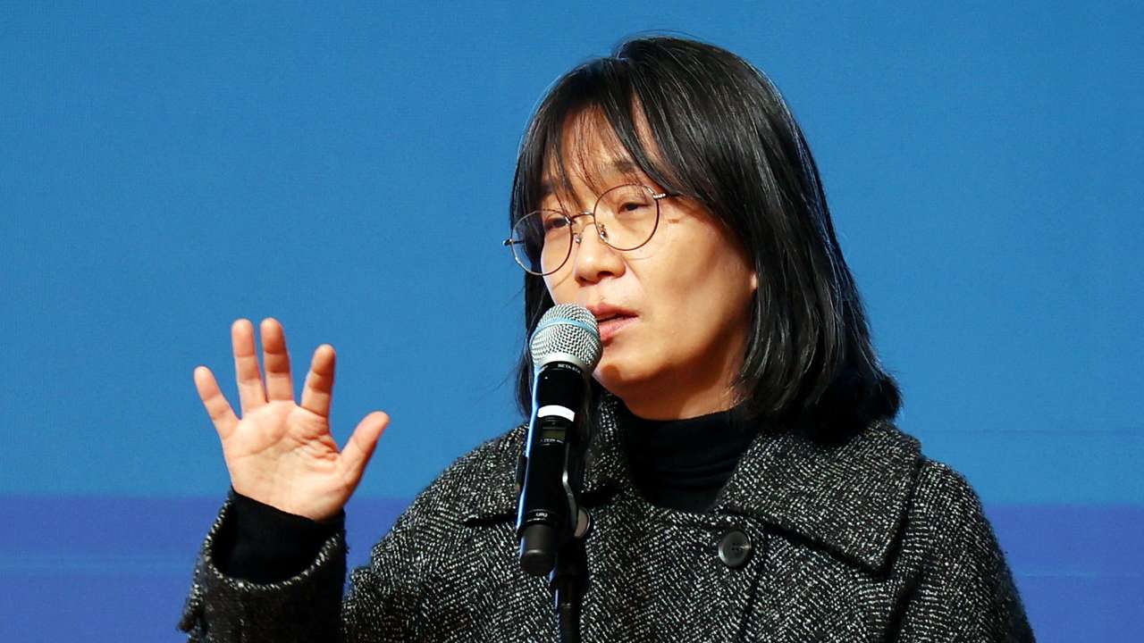 South Korean author Han Kang, the winner of the 2024 Nobel Prize in Literature, makes a speech in Gwangju