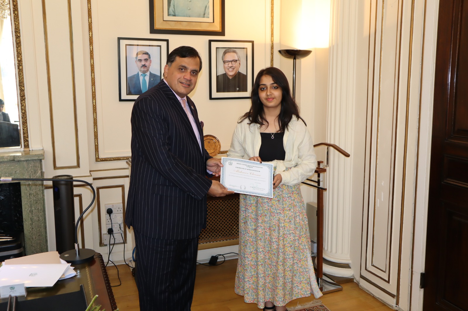 Pakistani High Commissioner honours British Pakistani student Cheema Mahnoor