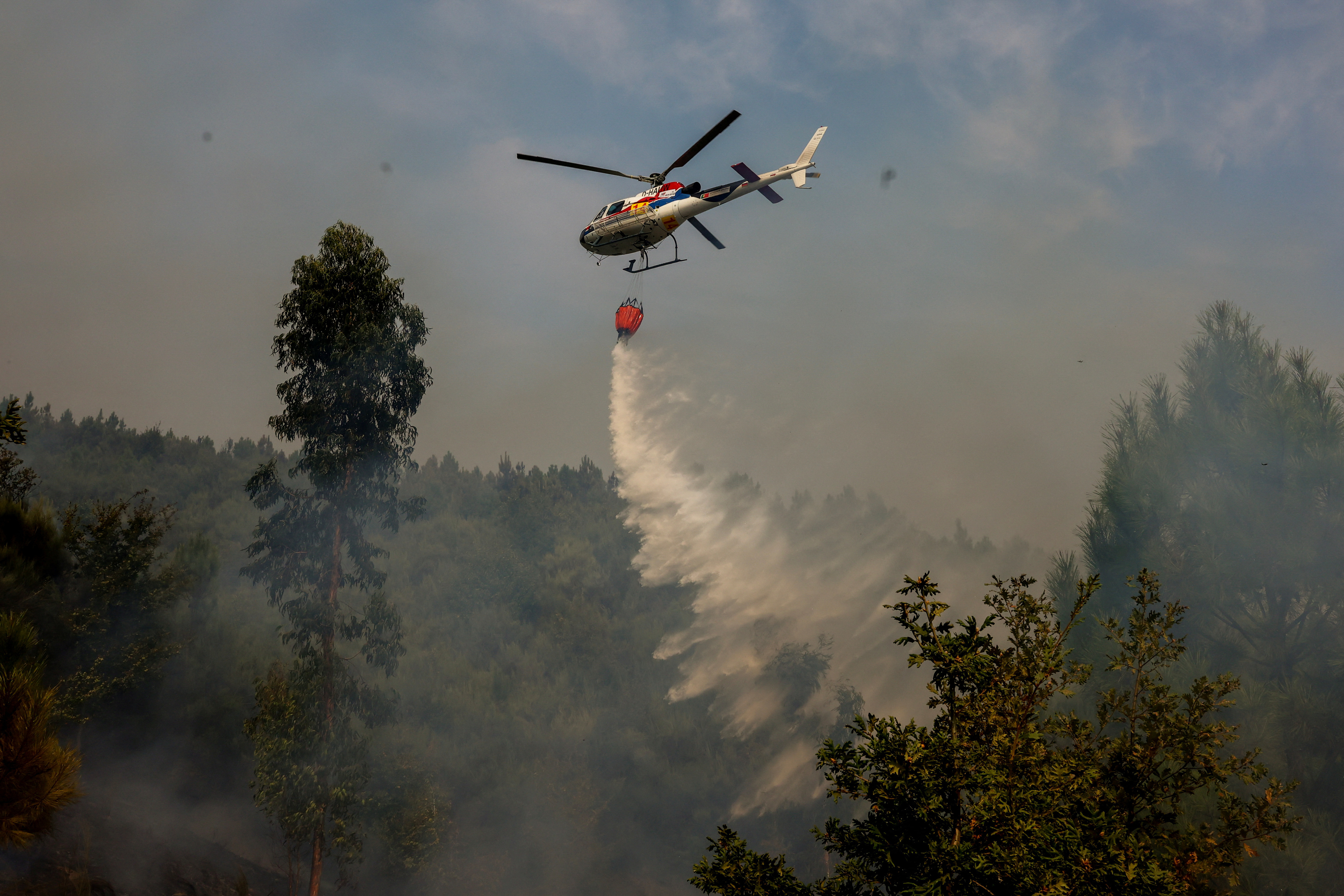 A helicopter drops water on a terrain during a wildfire in Castro Daire