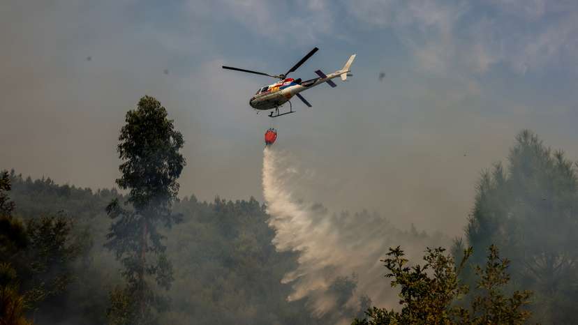 A helicopter drops water on a terrain during a wildfire in Castro Daire