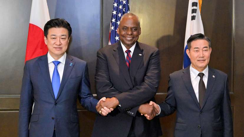Japanese Defense Minister Minoru Kihara, U.S. Defense Secretary Lloyd Austin and South Korean Defence Minister Shin Won-sik attend a trilateral meeting on sidelines of the Shangri-la Dialogue in Singapore