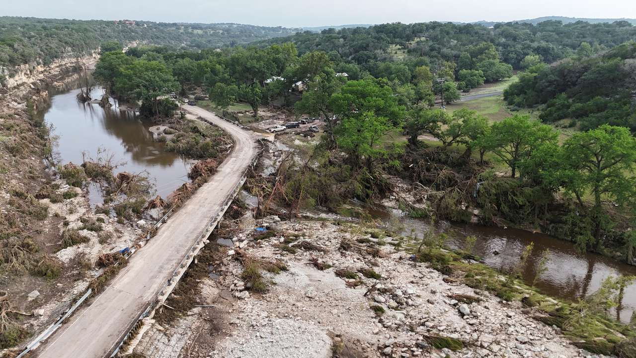 A drone view shows the Guadalupe River and damage from flooding near Camp Mystic