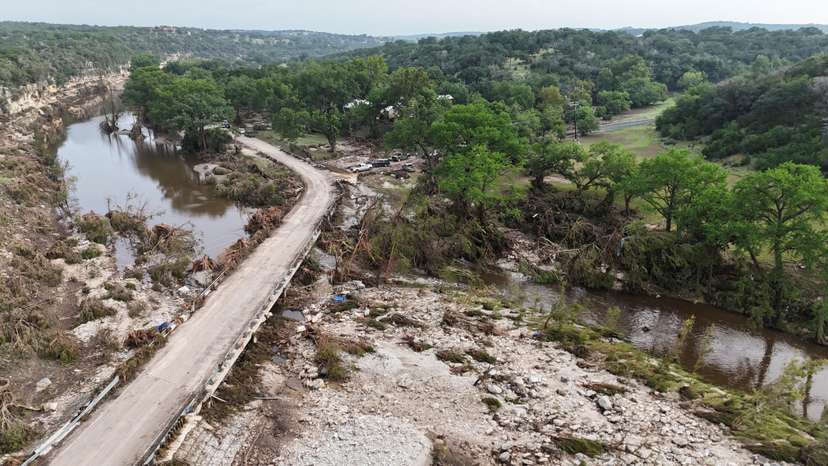 A drone view shows the Guadalupe River and damage from flooding near Camp Mystic