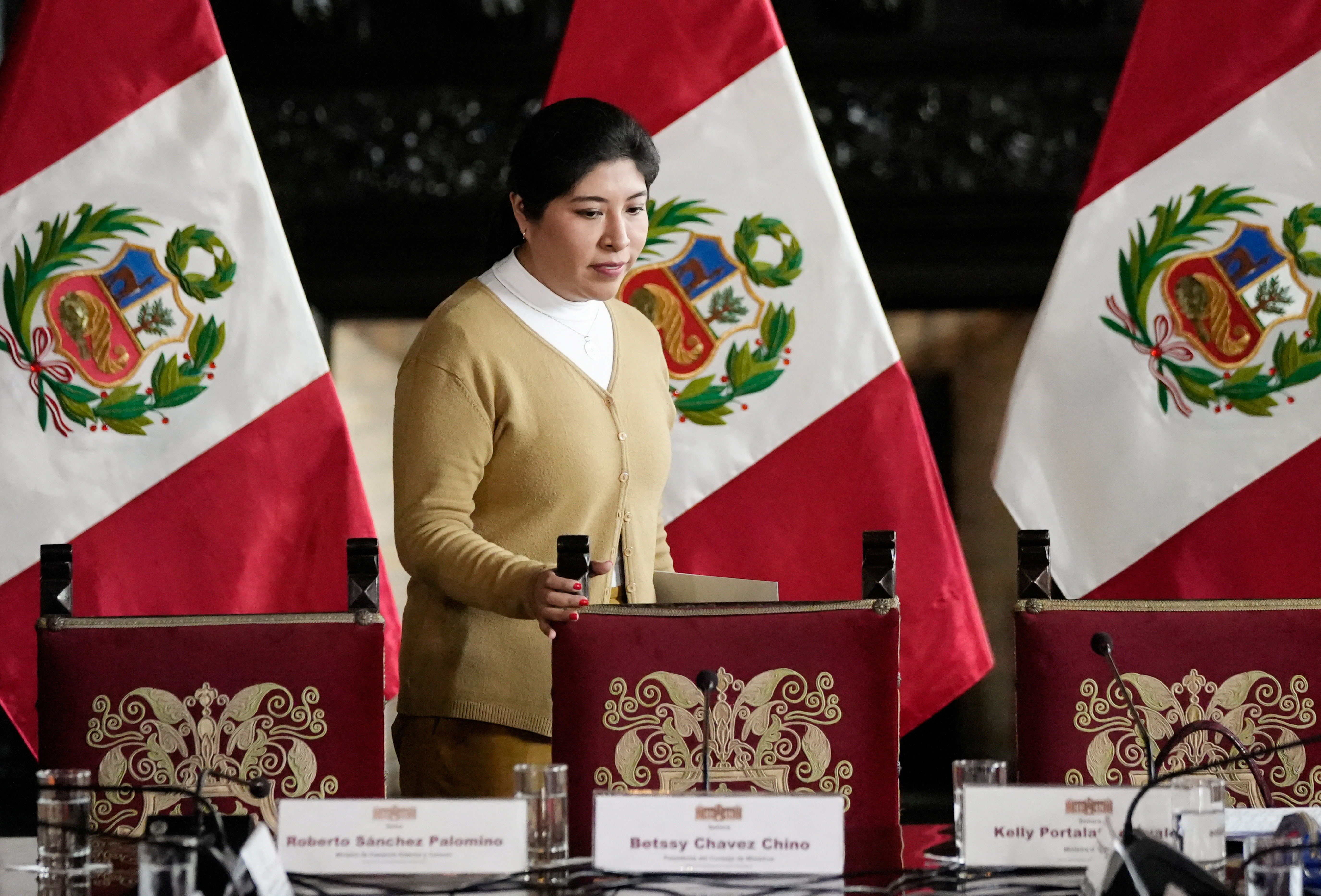 Peru's Prime Minister Betssy Chavez addresses the media during a news conference, in Lima