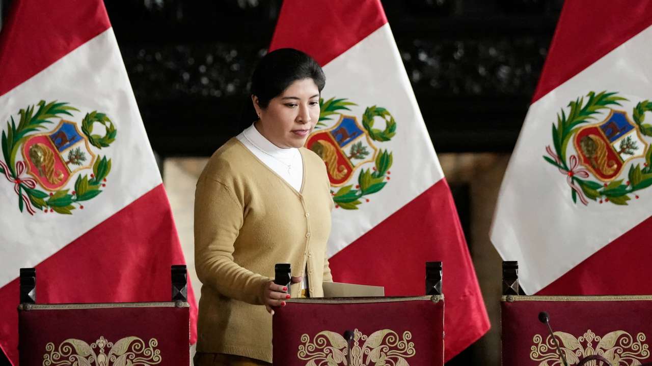 Peru's Prime Minister Betssy Chavez addresses the media during a news conference, in Lima
