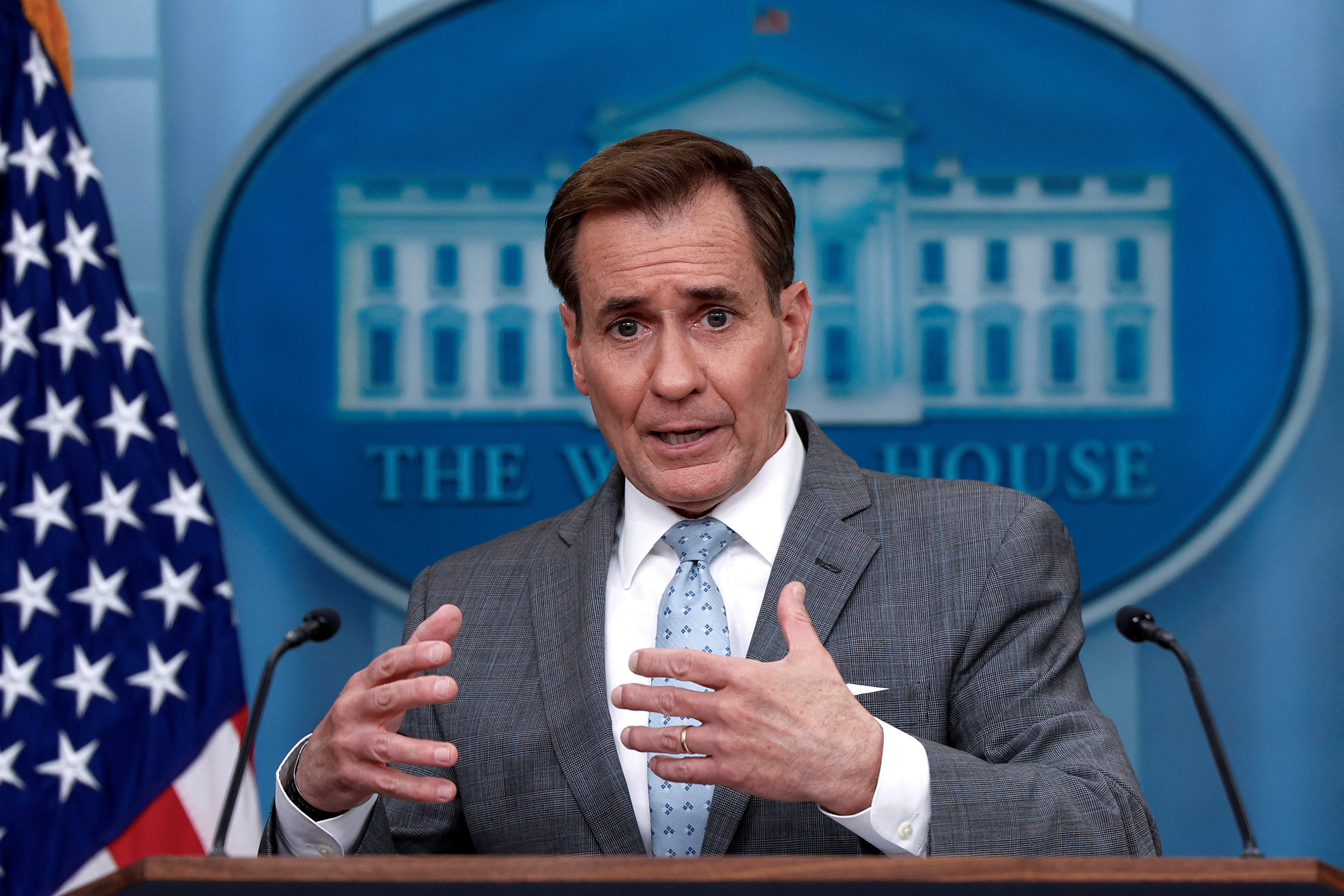 John Kirby speaks at a press briefing at the White House in Washington
