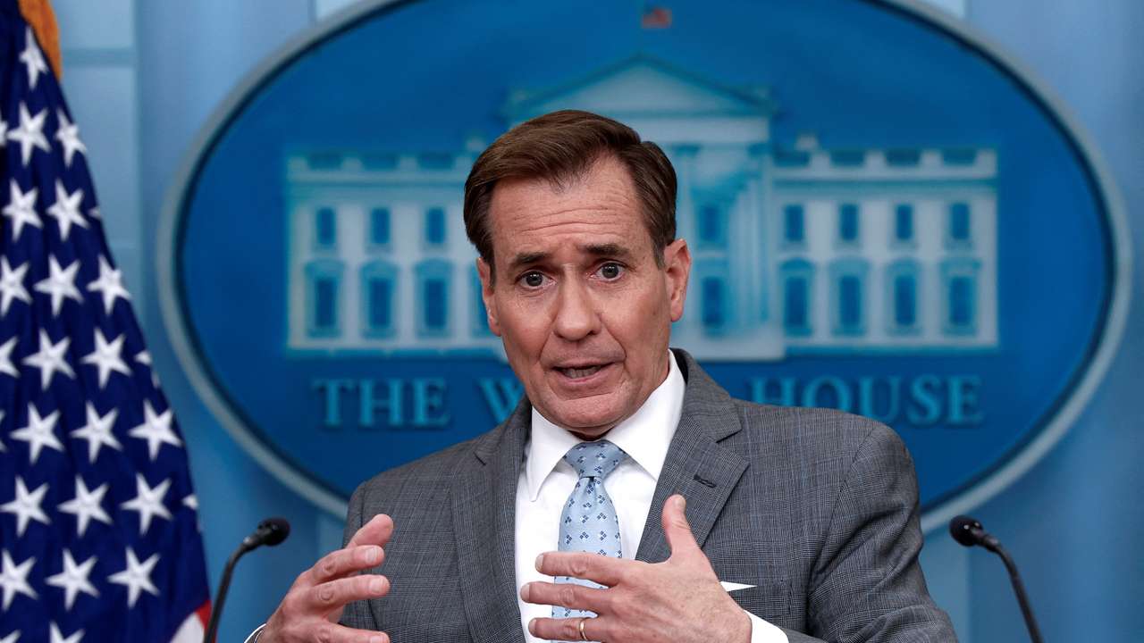 John Kirby speaks at a press briefing at the White House in Washington