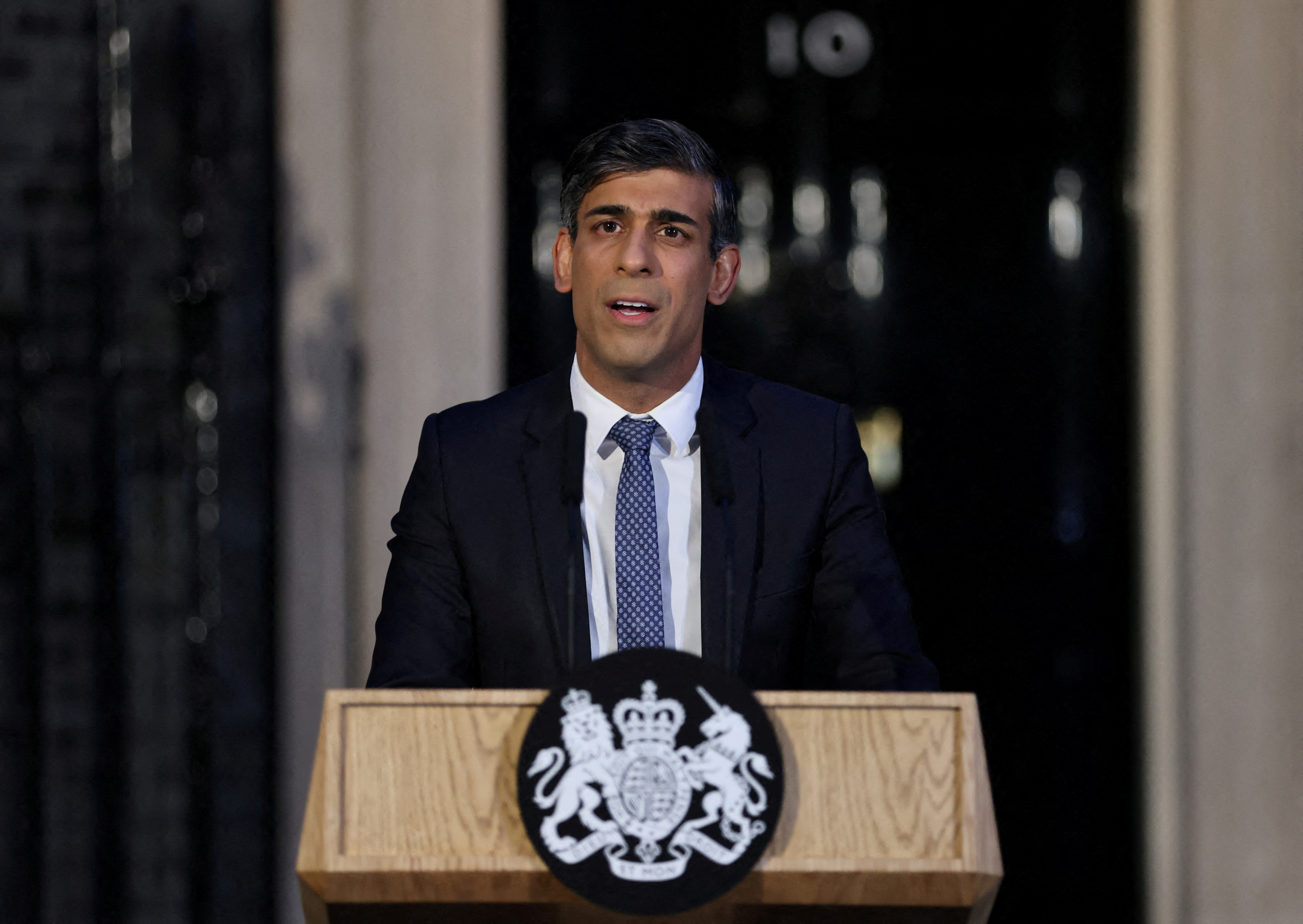 FILE PHOTO: Britain's PM Sunak speaks outside 10 Downing Street