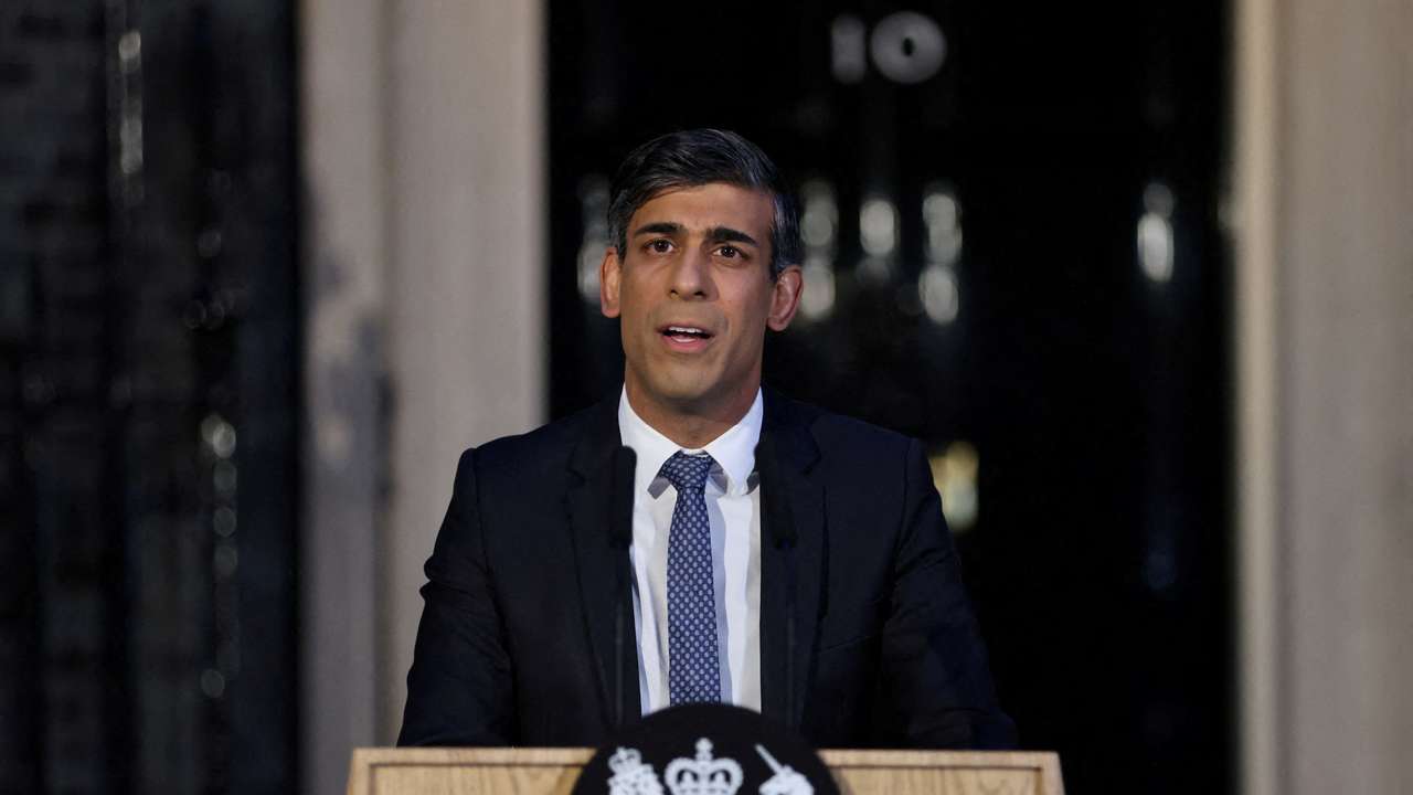 FILE PHOTO: Britain's PM Sunak speaks outside 10 Downing Street