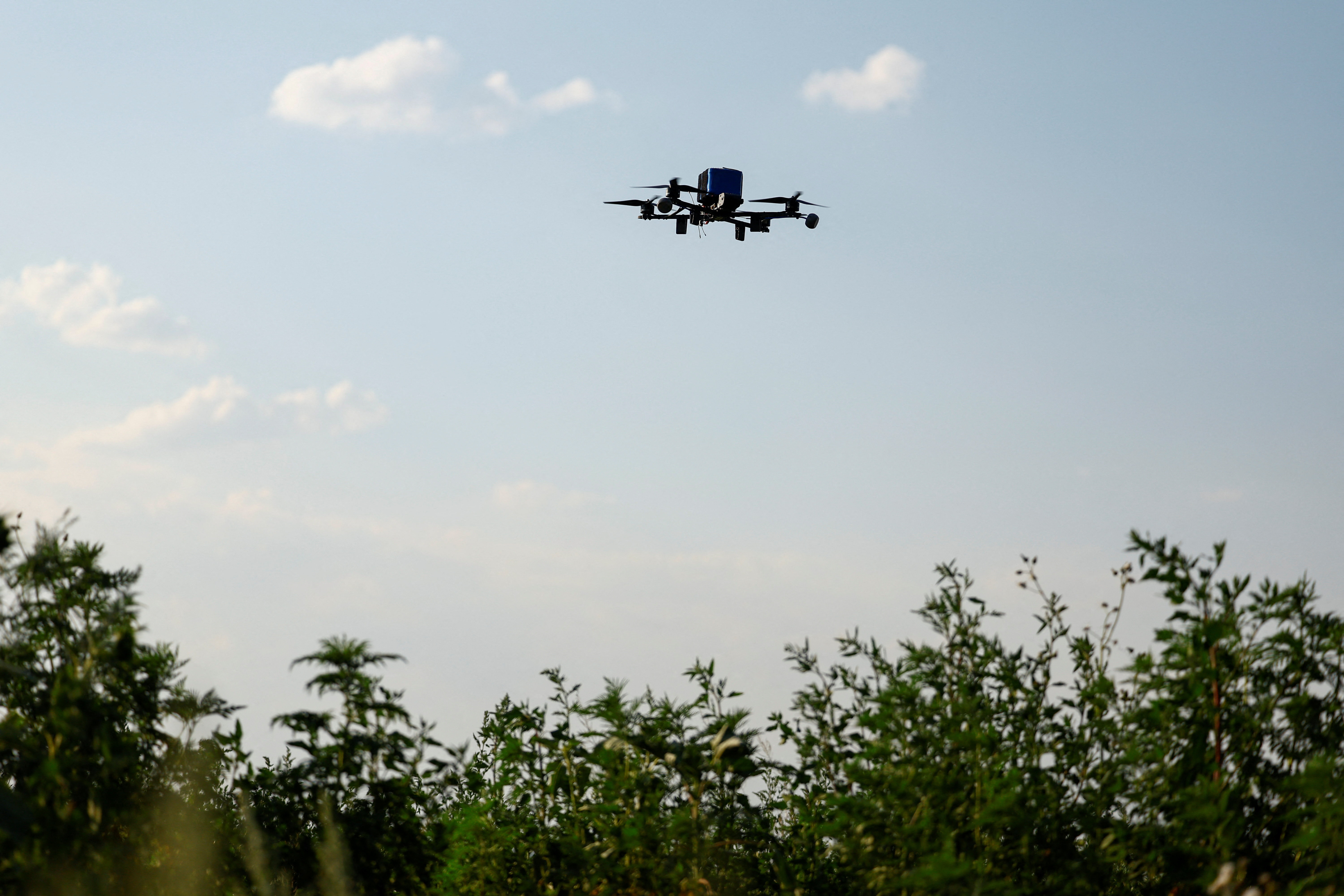 View shows an interceptor FPV-drone during its flight, in an undisclosed location in Dnipropetrovsk region
