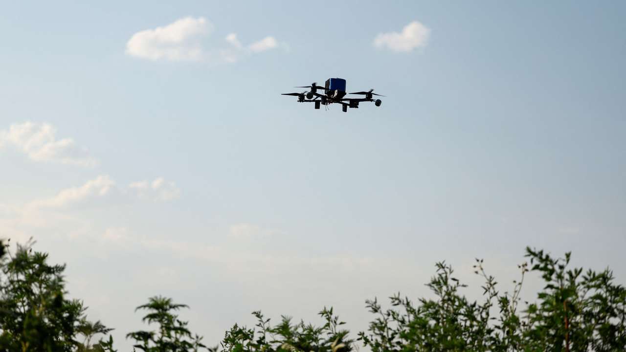 View shows an interceptor FPV-drone during its flight, in an undisclosed location in Dnipropetrovsk region