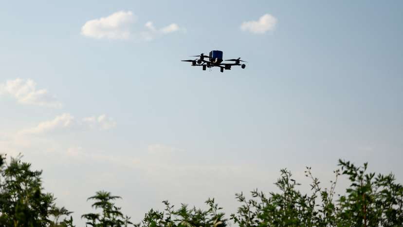View shows an interceptor FPV-drone during its flight, in an undisclosed location in Dnipropetrovsk region