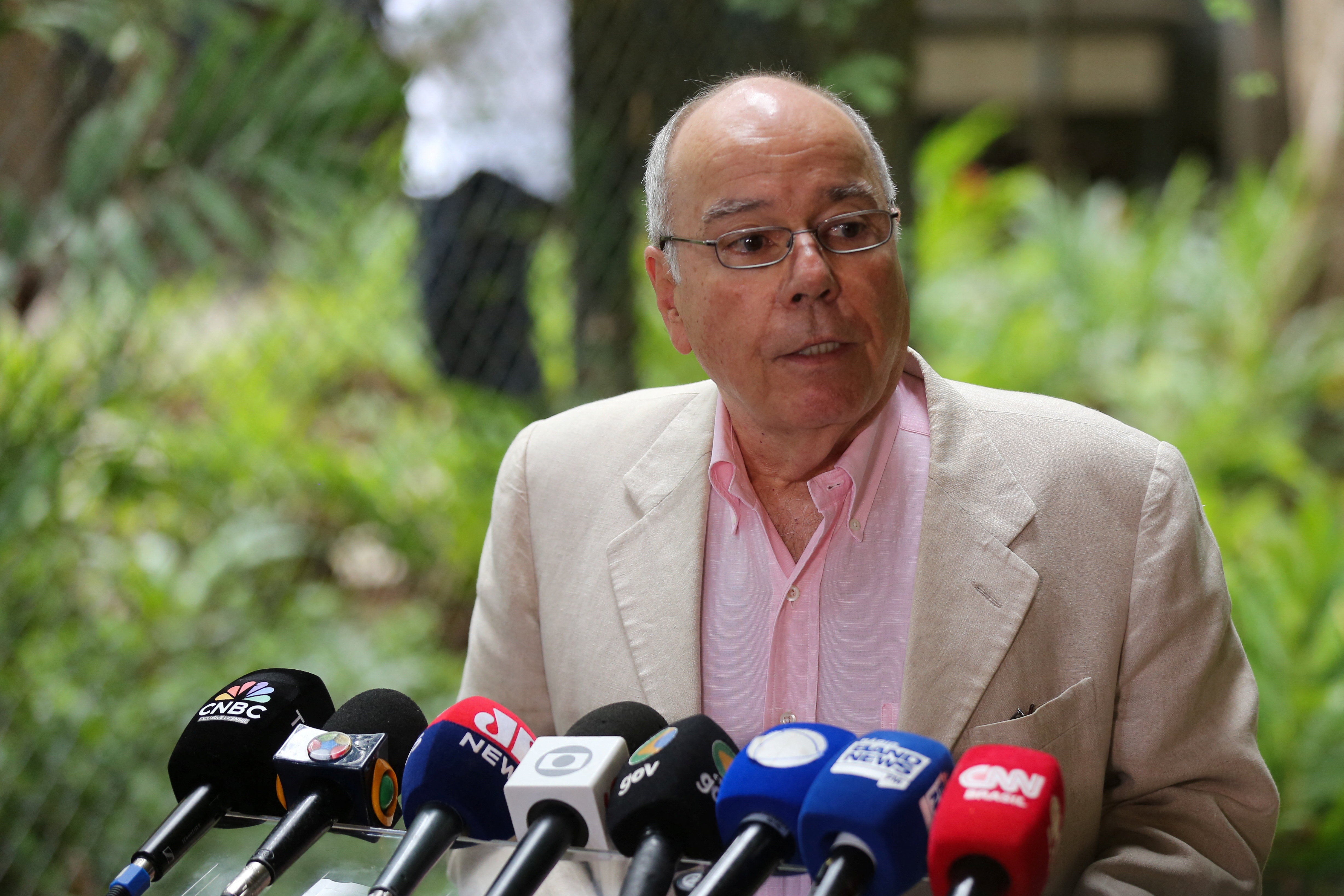 Brazilian Foreign Minister Mauro Vieira speaks to the media ahead of the COP30 summit, in Belem