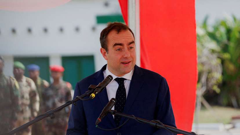 French Defense Minister Sebastien Lecornu speaks during the ceremony marking the departure of French troops from Ivory Coast