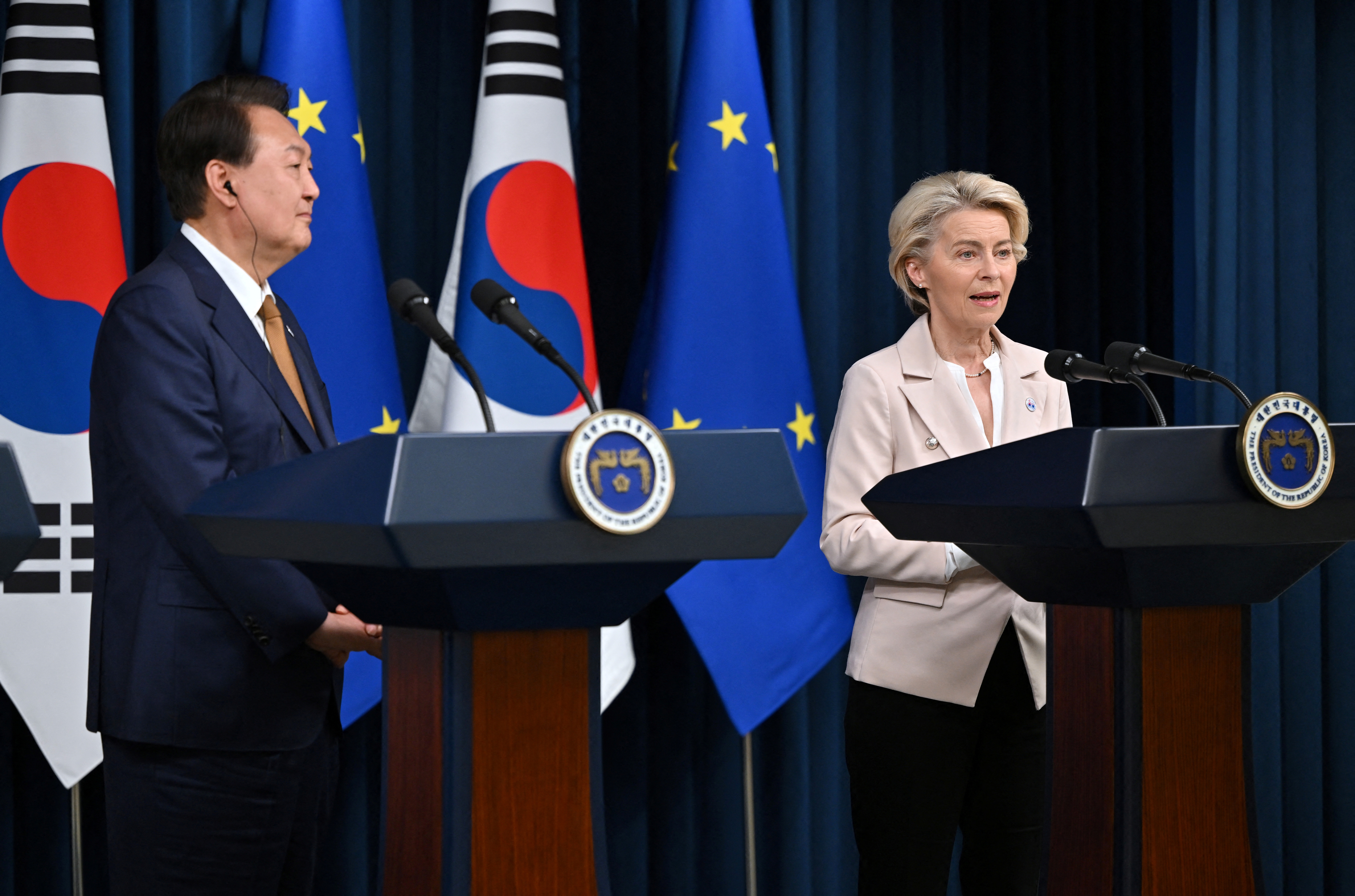 South Korea's President Yoon Suk Yeol meets Charles Michel, President of the European Council, and Ursula von der Leyen, President of the European Commission in Seoul