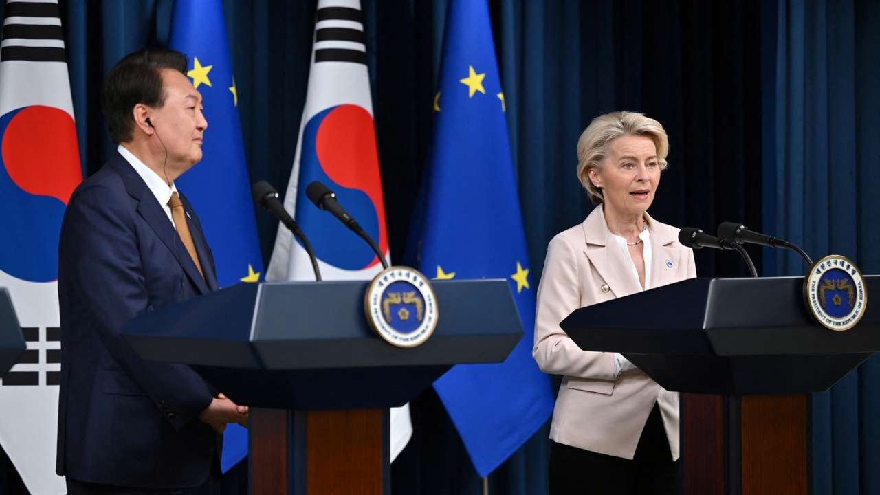 South Korea's President Yoon Suk Yeol meets Charles Michel, President of the European Council, and Ursula von der Leyen, President of the European Commission in Seoul