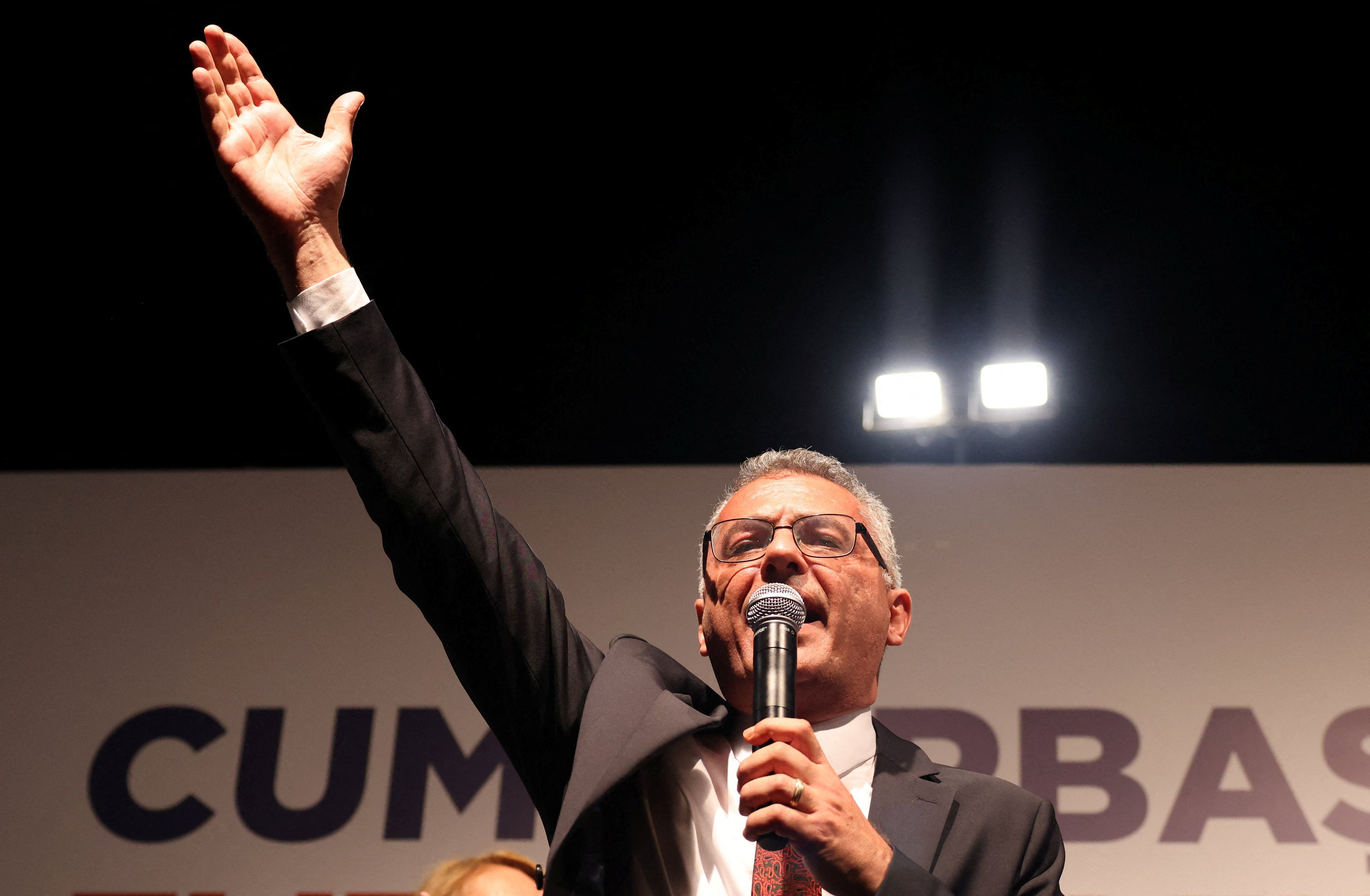 New Turkish Cypriot leader Erhurman celebrates winning the Turkish Cypriot elections in divided capital Nicosia