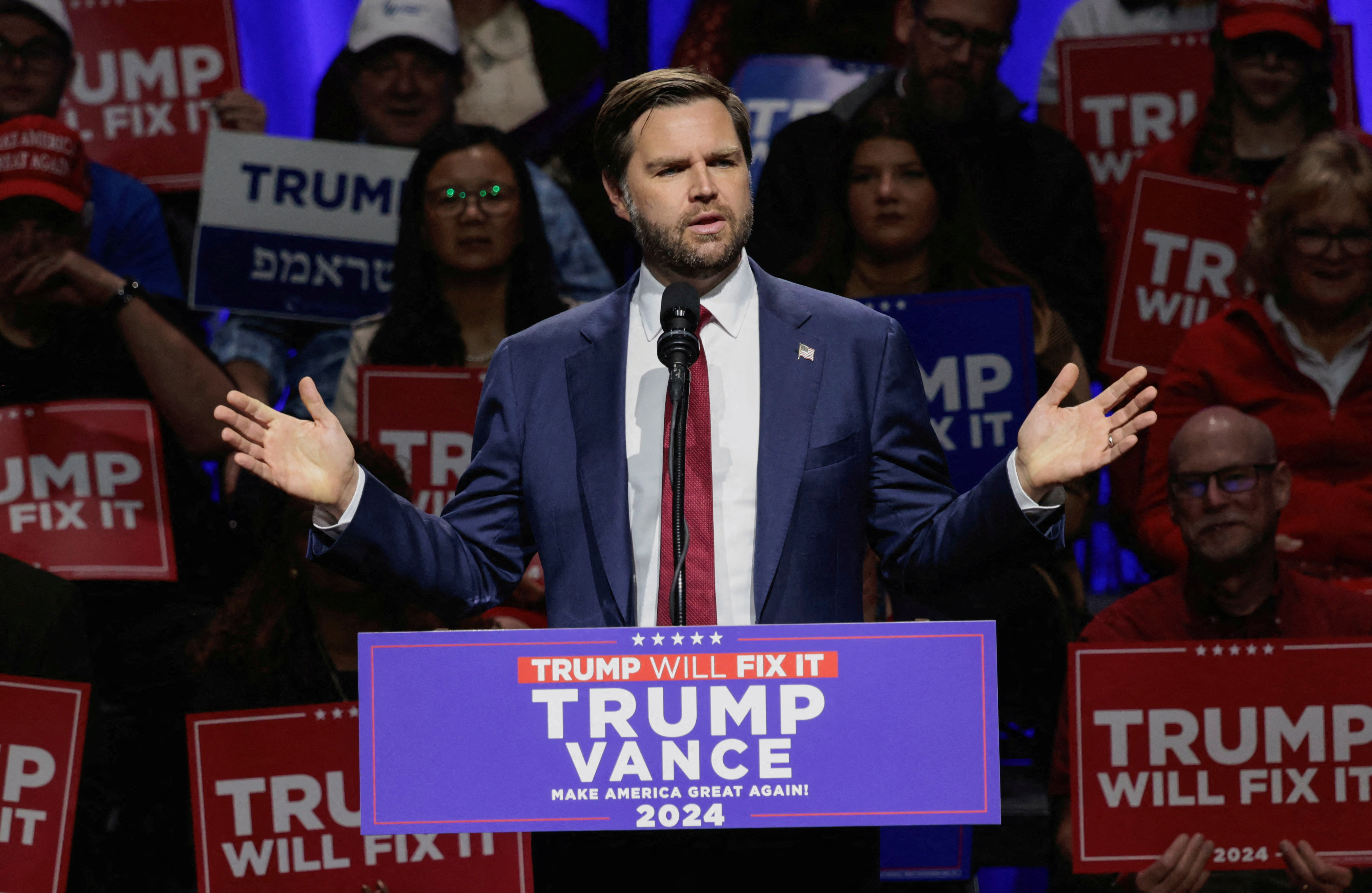 FILE PHOTO: JD Vance speaks to supporters during a campaign stop at the Capitol Theatre in Flint, Michigan,