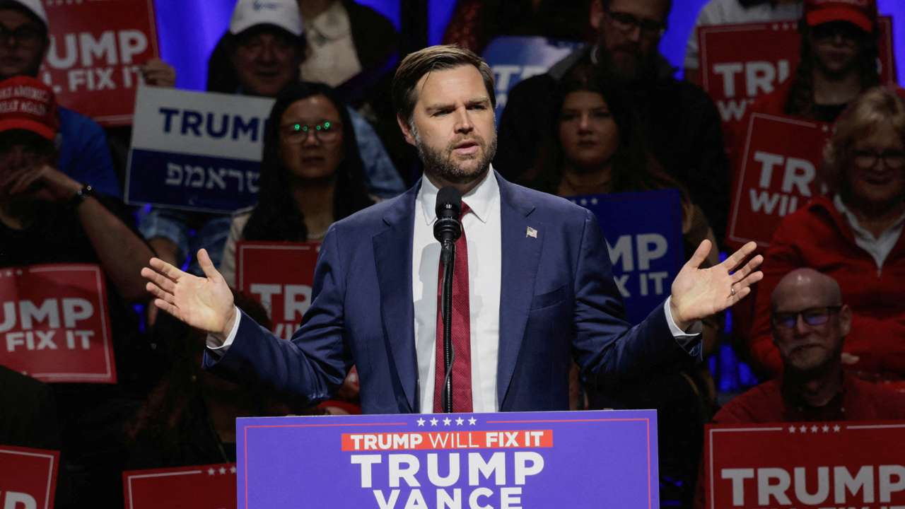 FILE PHOTO: JD Vance speaks to supporters during a campaign stop at the Capitol Theatre in Flint, Michigan,