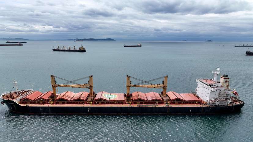 Amfitriti, a bulk carrier part of Black Sea grain deal, and other commercial vessels wait to pass the Bosphorus strait off the shores of Yenikapi in Istanbul