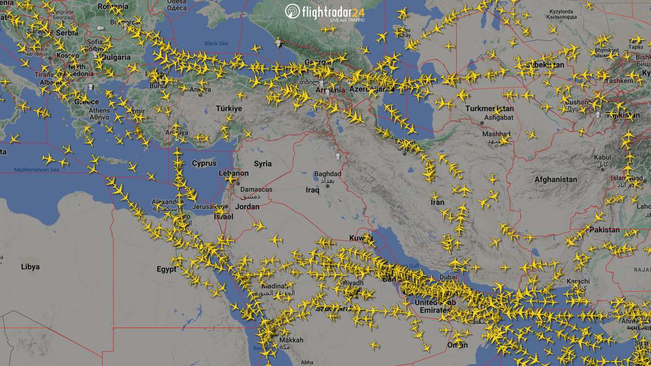 A graphical representation of air traffic shows airspace over Iran and the neighbouring Middle East