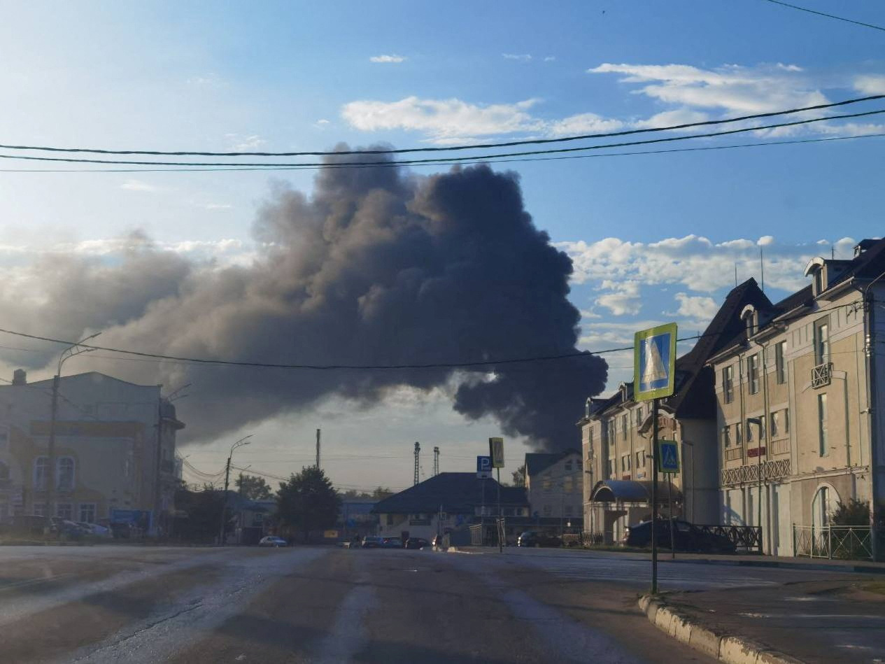 Smoke is seen following Ukrainian drone attack in Sergiyev Posad