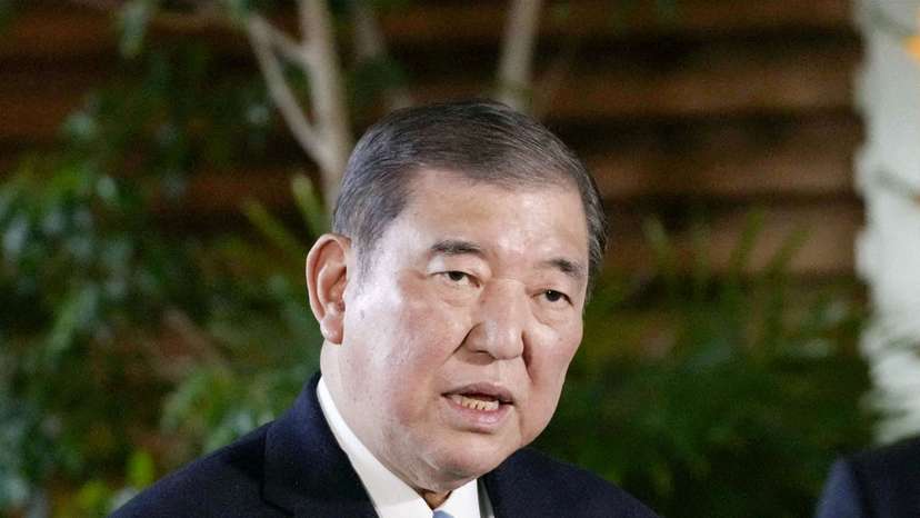 FILE PHOTO: Japanese Prime Minister Shigeru Ishiba speaks to media about U.S. President Donald Trump's new tariffs in Tokyo