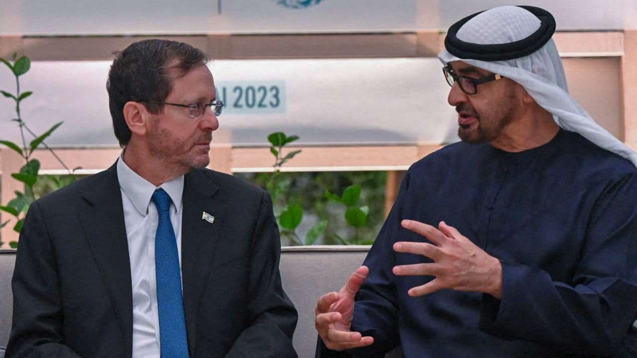 Israeli President Isaac Herzog meets with President of the United Arab Emirates Sheikh Mohamed bin Zayed Al Nahyan at the World Climate Action Summit during the U.N.'s COP28 in Dubai
