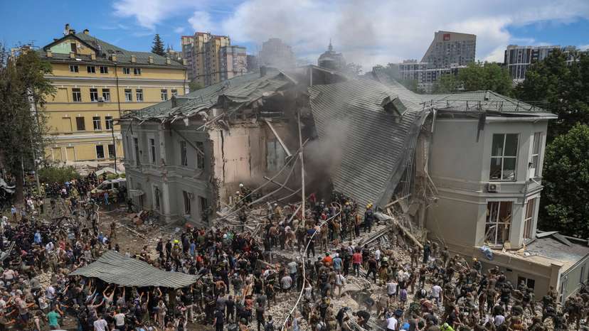 Rescuers work at Ohmatdyt Children's Hospital that was damaged during Russian missile strikes, in Kyiv