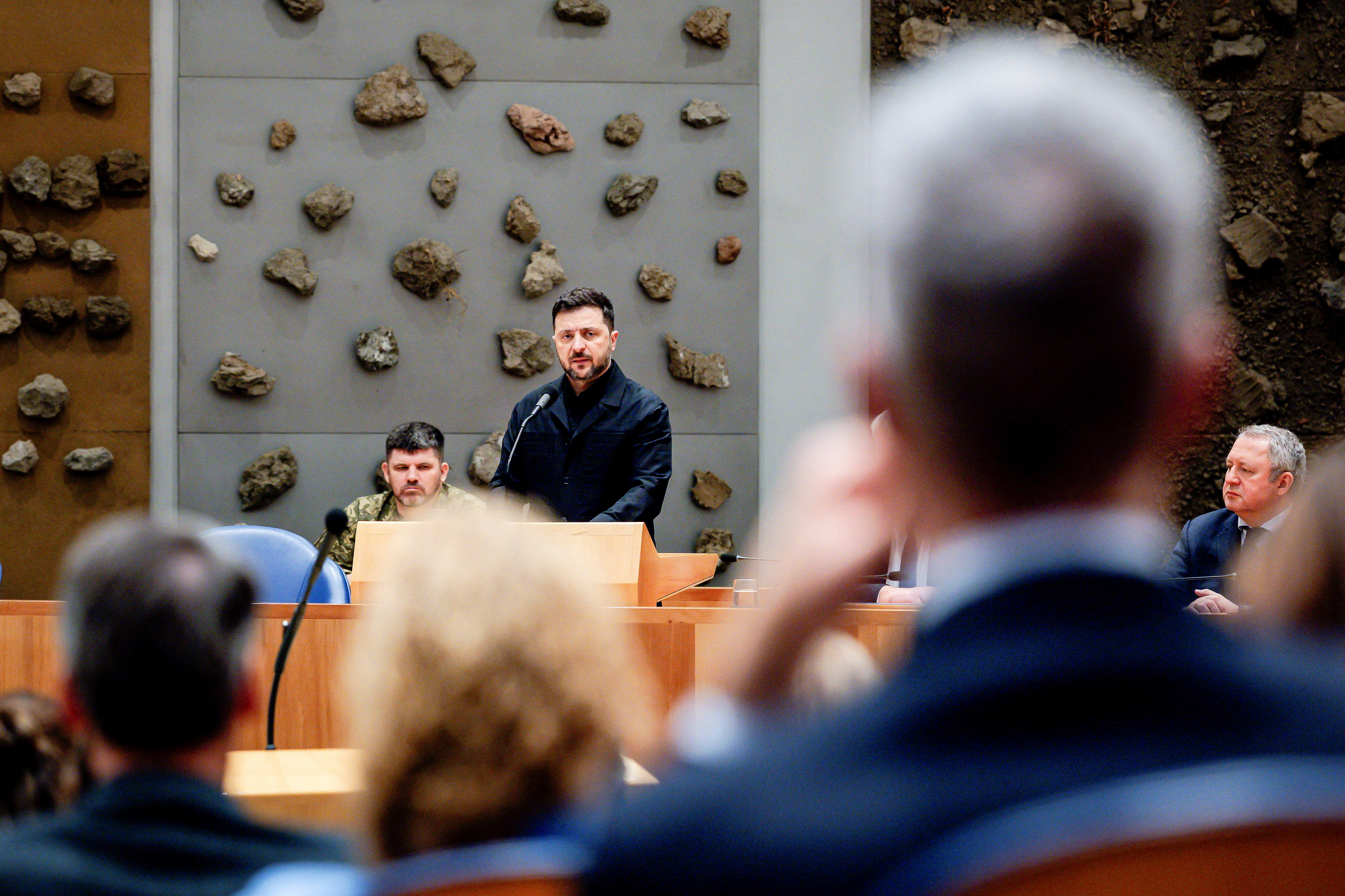 Ukrainian President Zelensky addresses the House of Representatives, in The Hague